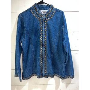 Keren Hart women's Vintage denim zip front  jacket with bronze beading sz XL